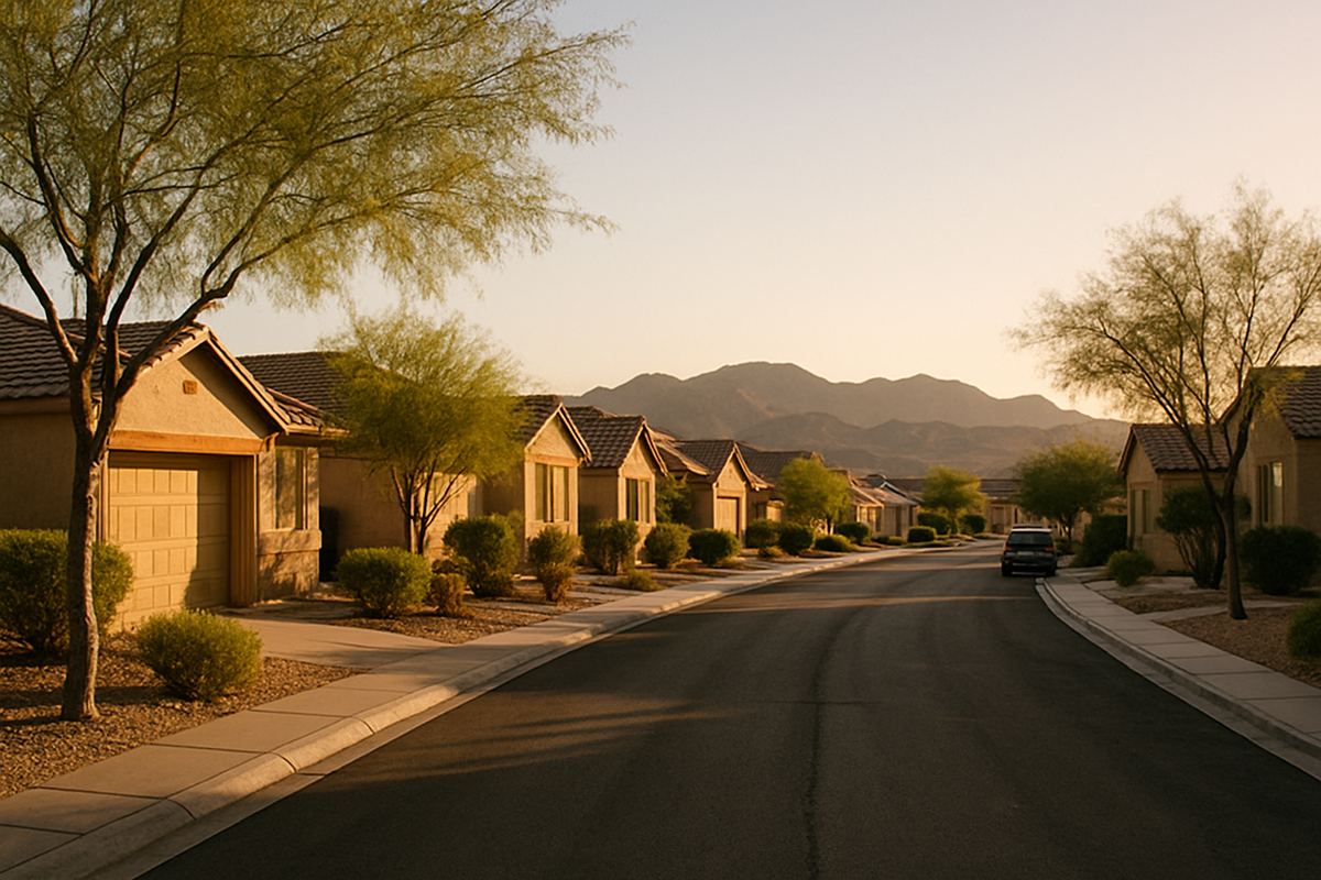 Residential street of stucco homes in Henderson, Nevada at golden hour