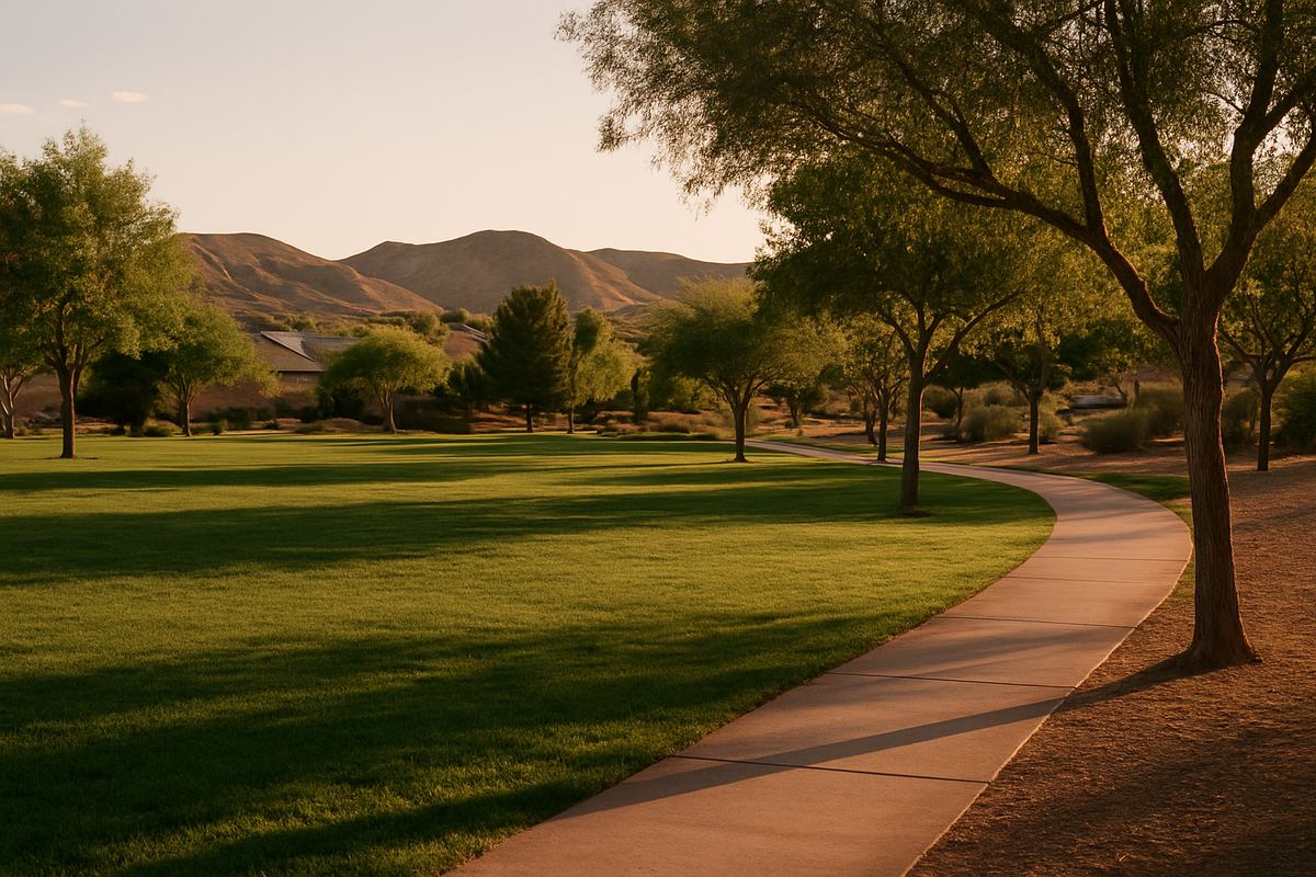 Henderson community park with walking path and desert hills
