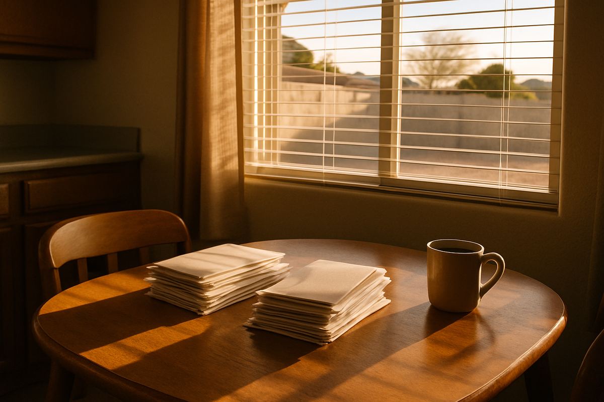 Stack of unopened mail on a kitchen table in a Henderson home