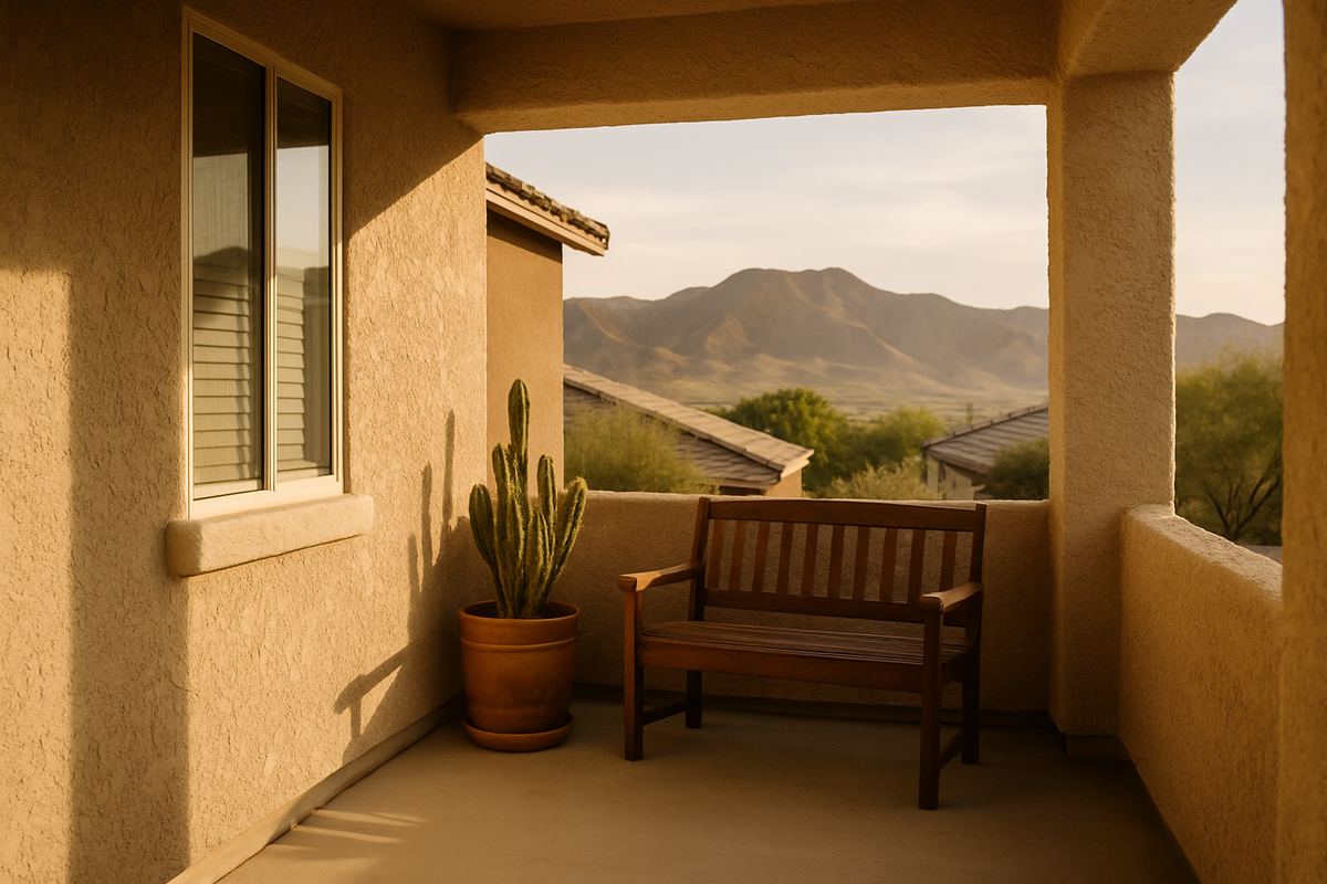Front porch of a Henderson home with mountain view