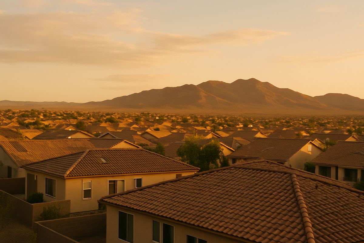 Henderson rooftops at sunset with the McCullough Range beyond