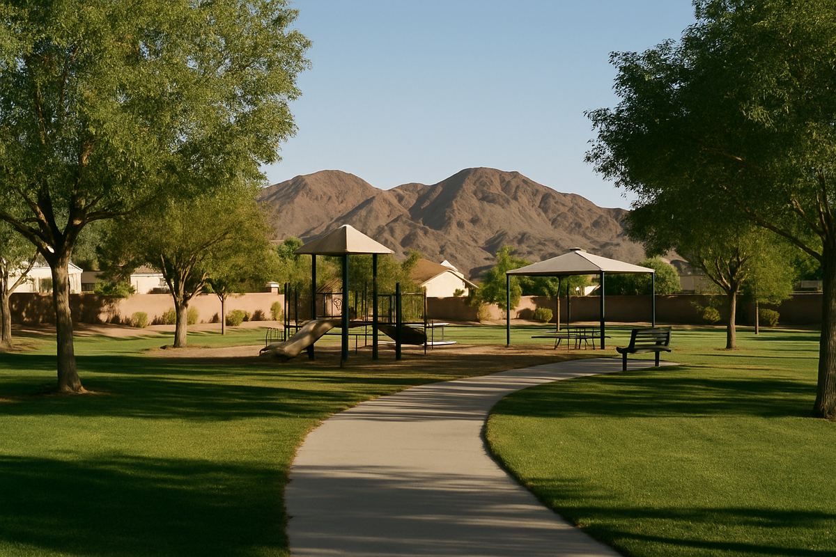 Henderson community park with walking path and mountain views