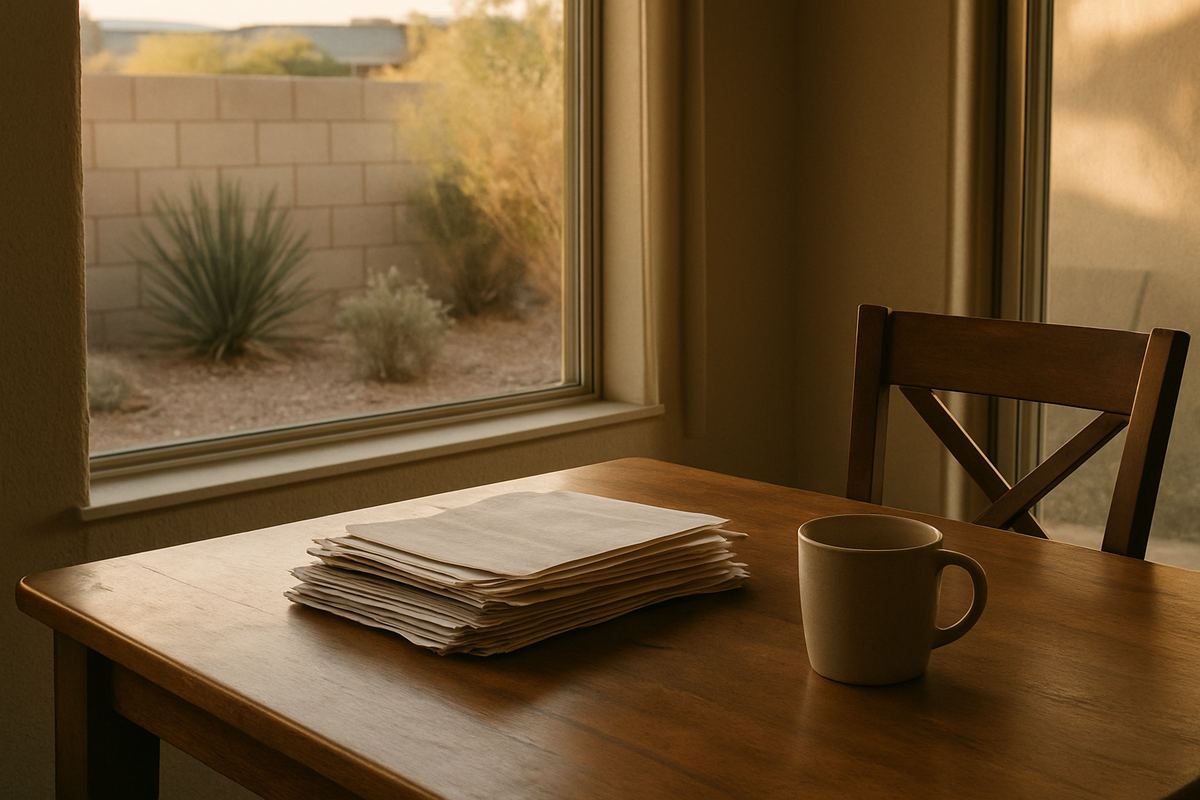 Paperwork on a kitchen table inside a Henderson, Nevada home