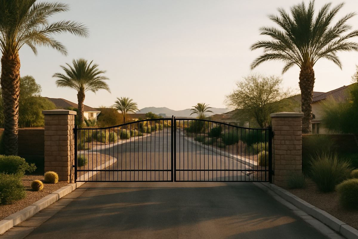 Gated community entrance with desert landscaping in Henderson
