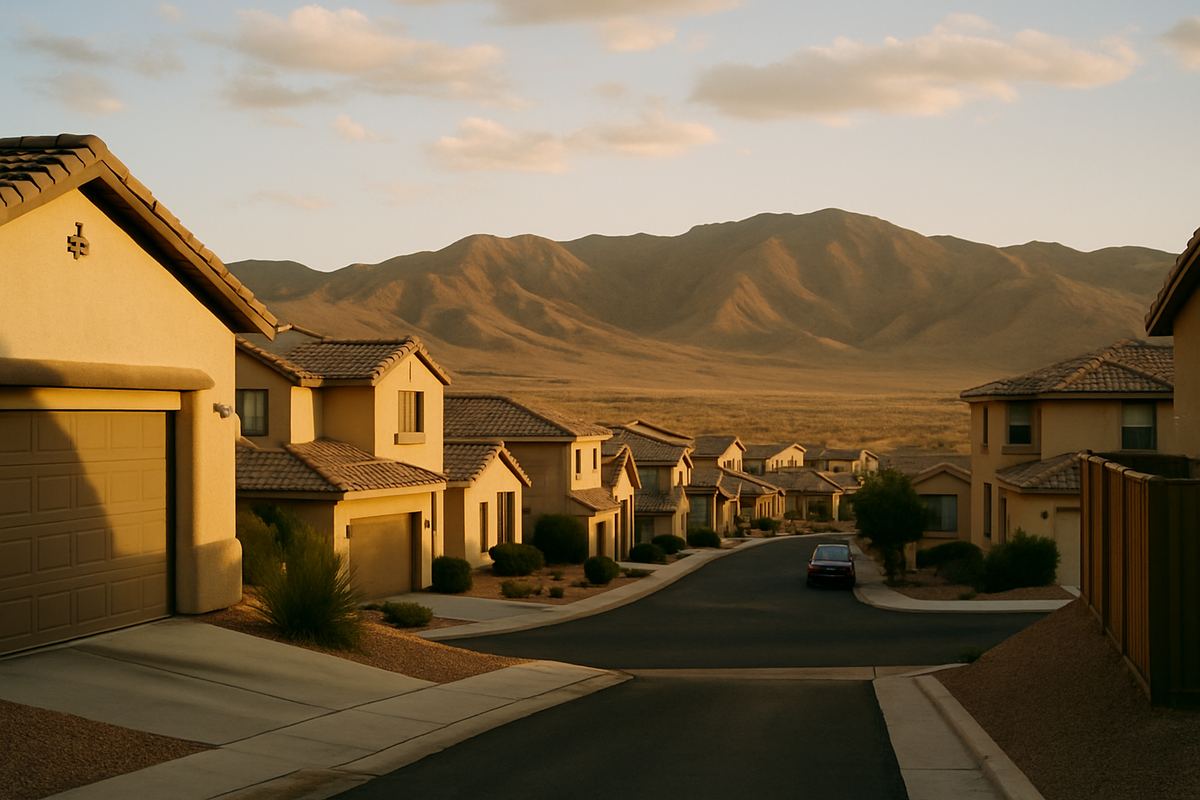 Anthem homes on graded hillside streets below the McCullough Range