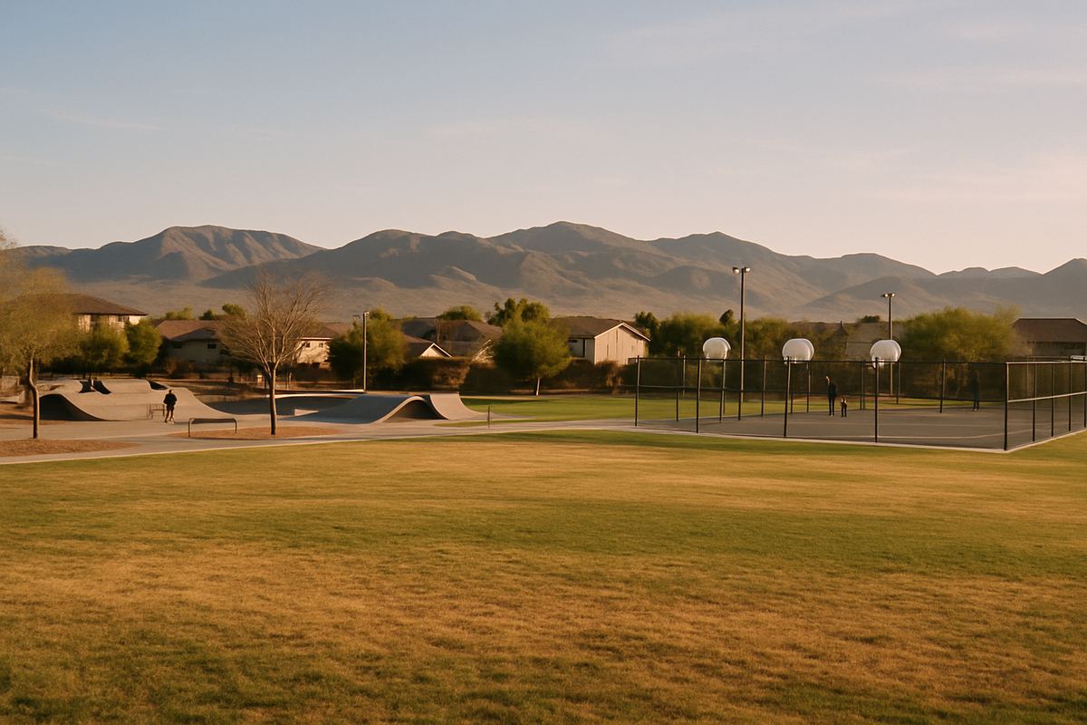 Grassy community park with courts and desert hills in Anthem