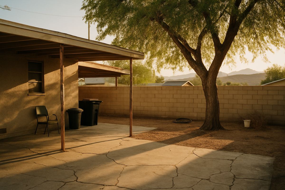Weathered carport and patio behind an older Townsite home