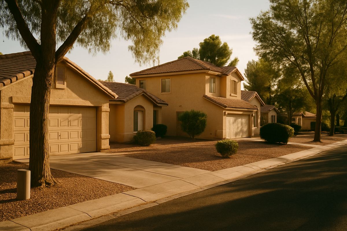 Older stucco homes with tile roofs on a tree-lined Green Valley street