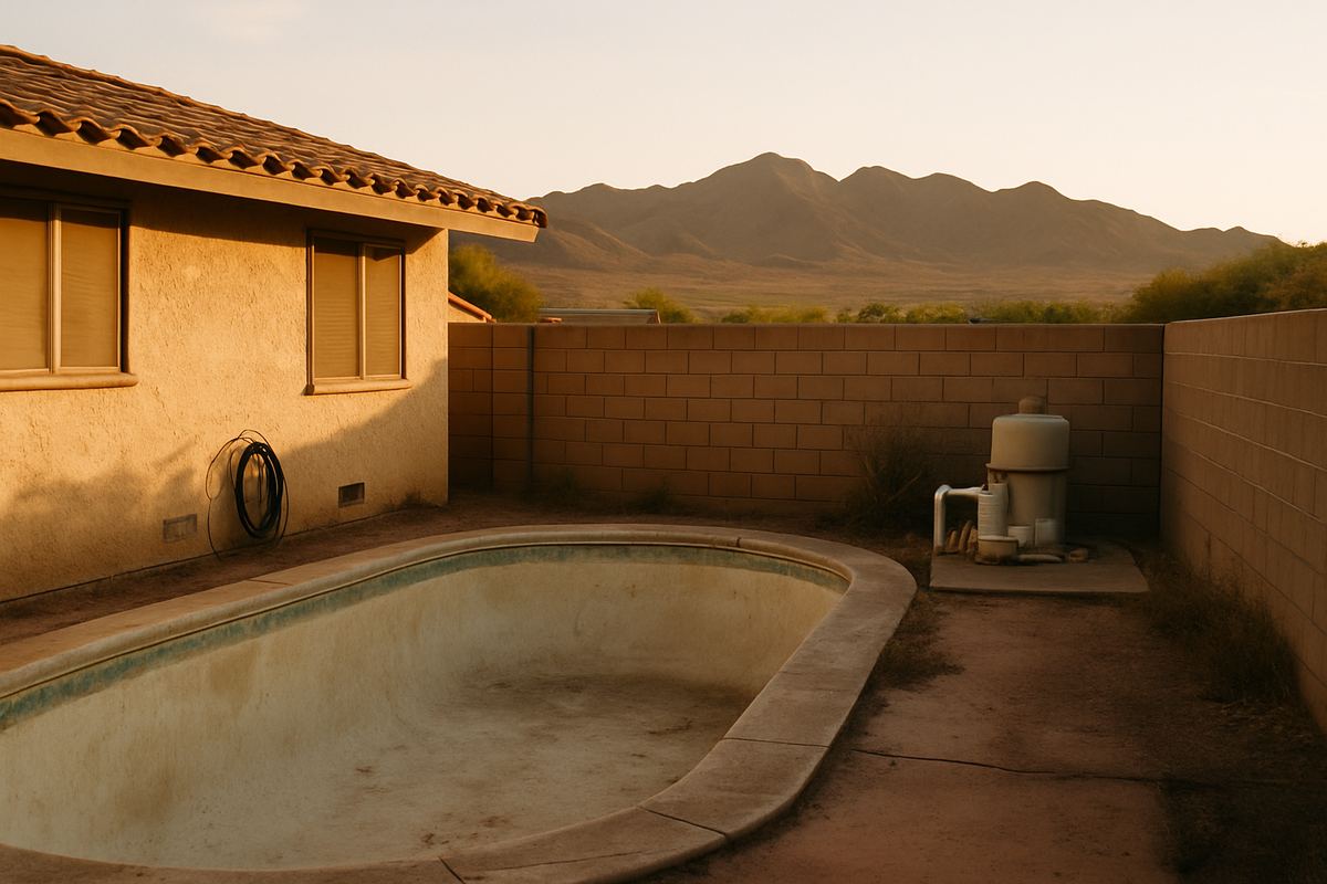 Dated backyard pool behind an older Green Valley home