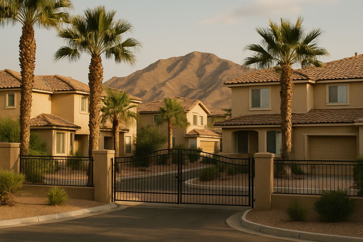 Gated two-story homes with tile roofs in Green Valley Ranch