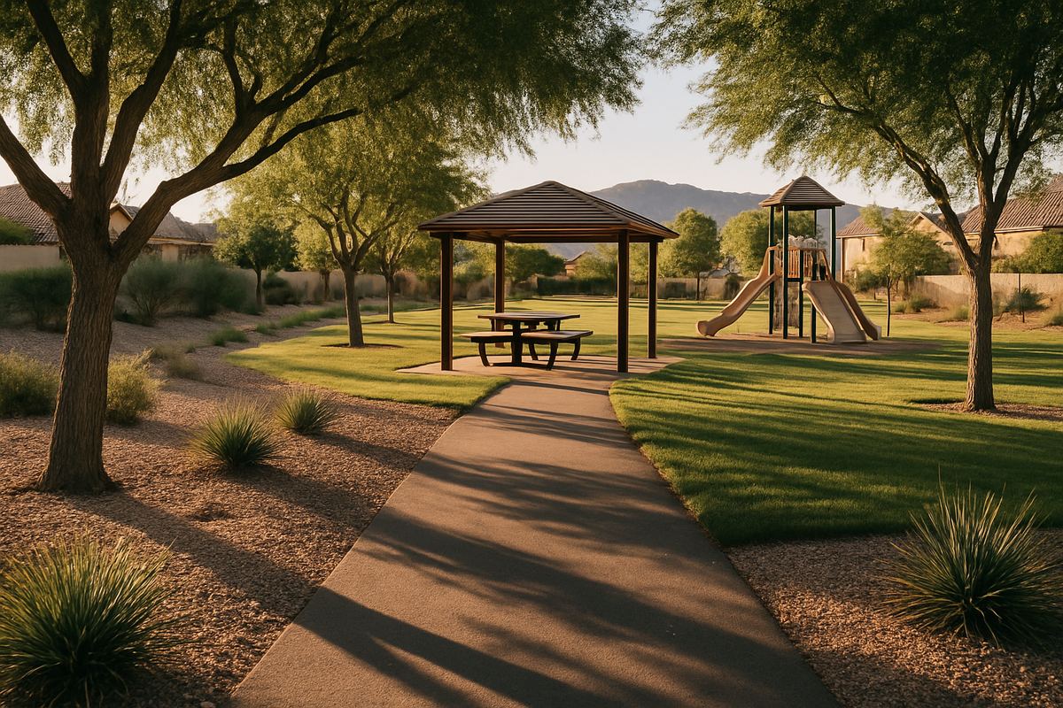 Walking path through a grassy community park in Green Valley Ranch