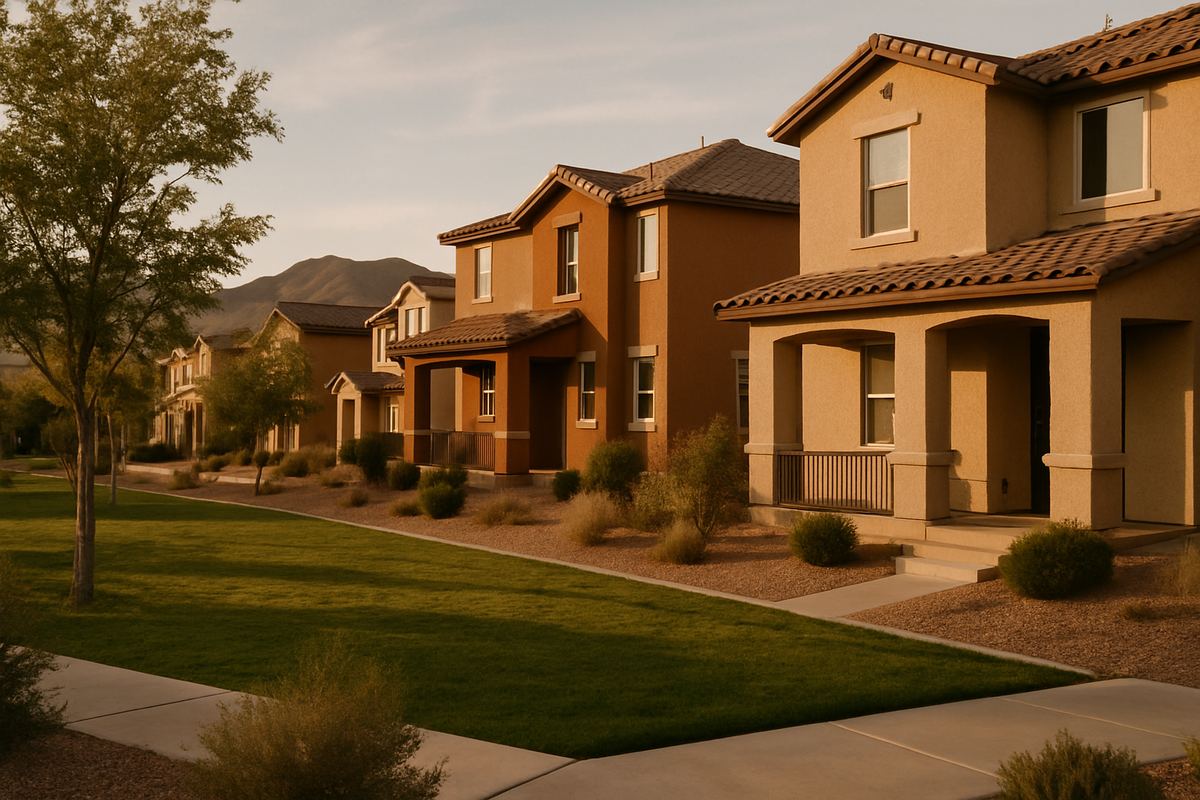 Newer two-story homes with porches facing a park in Inspirada