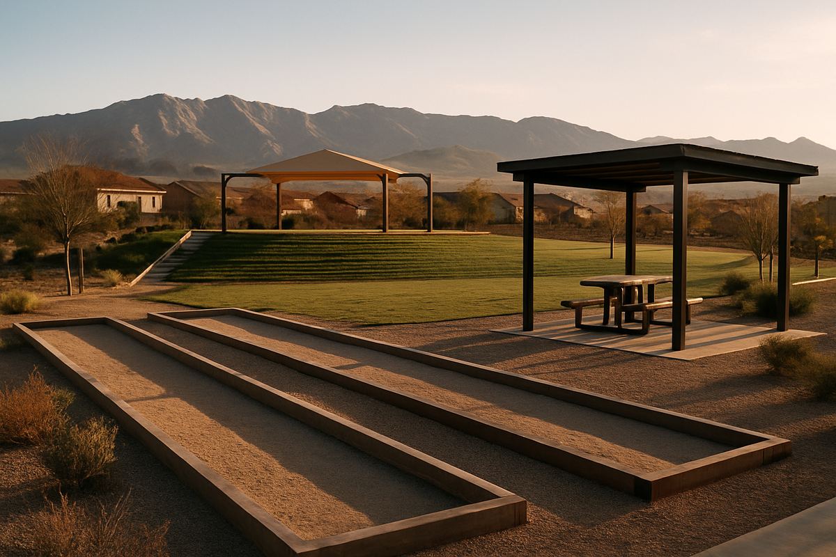 Park amphitheater lawn and bocce courts in Inspirada at dusk