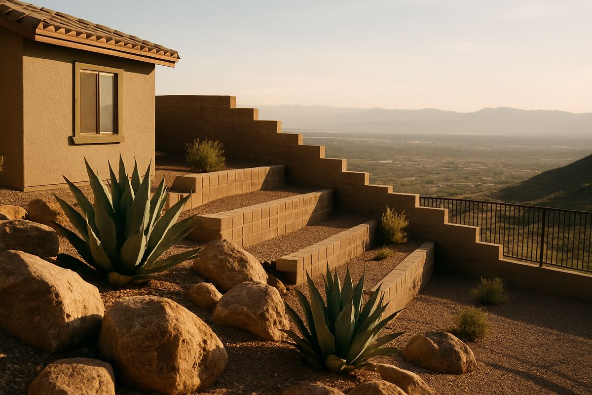 Terraced desert landscaping and stepped walls on a foothill lot
