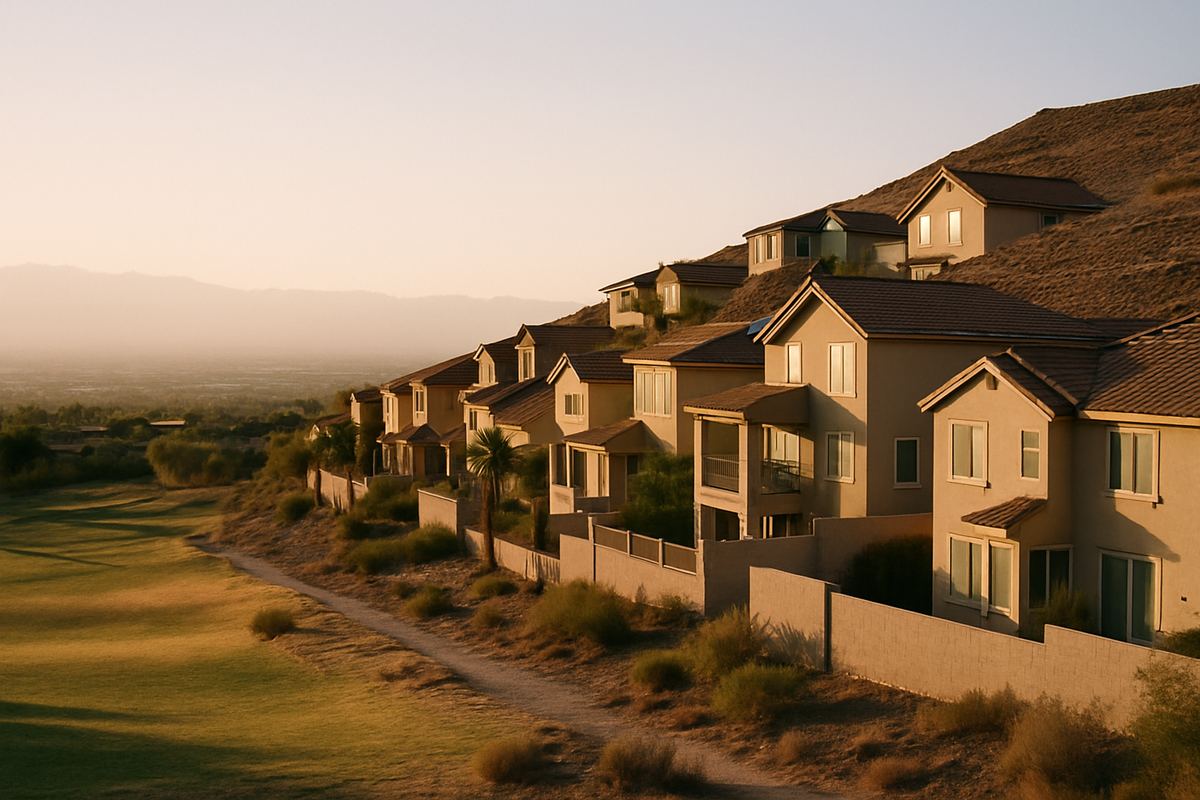 Hillside stucco homes above a golf course fairway in Seven Hills