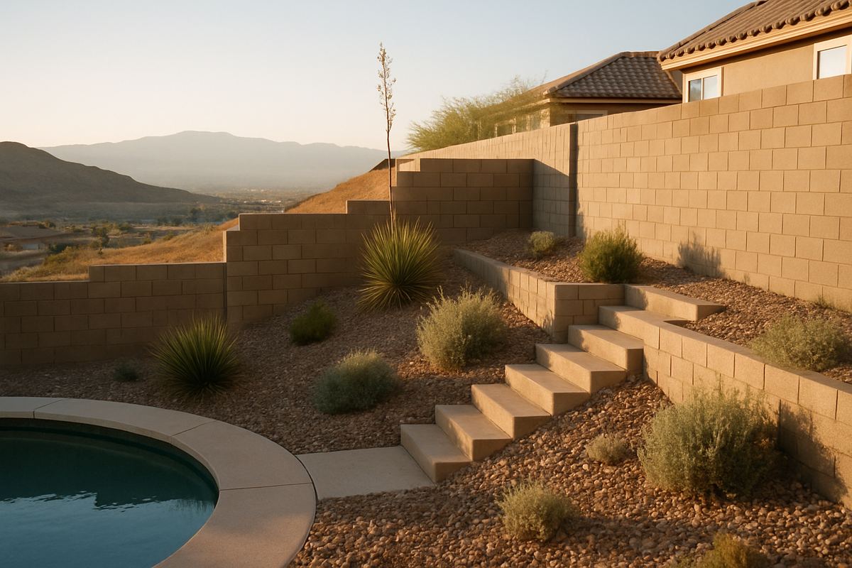Backyard retaining walls and pool on a Seven Hills hillside lot