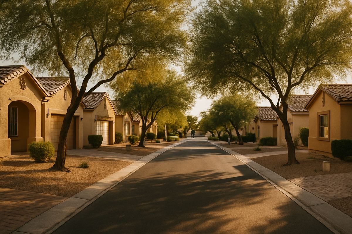 Mature trees and Spanish-style stucco homes on a Whitney Ranch street