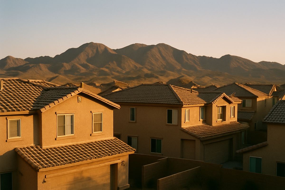 Henderson rooftops with tile roofs and the River Mountains behind them