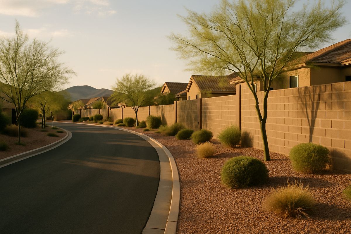 Curving Henderson street lined with block walls and desert landscaping