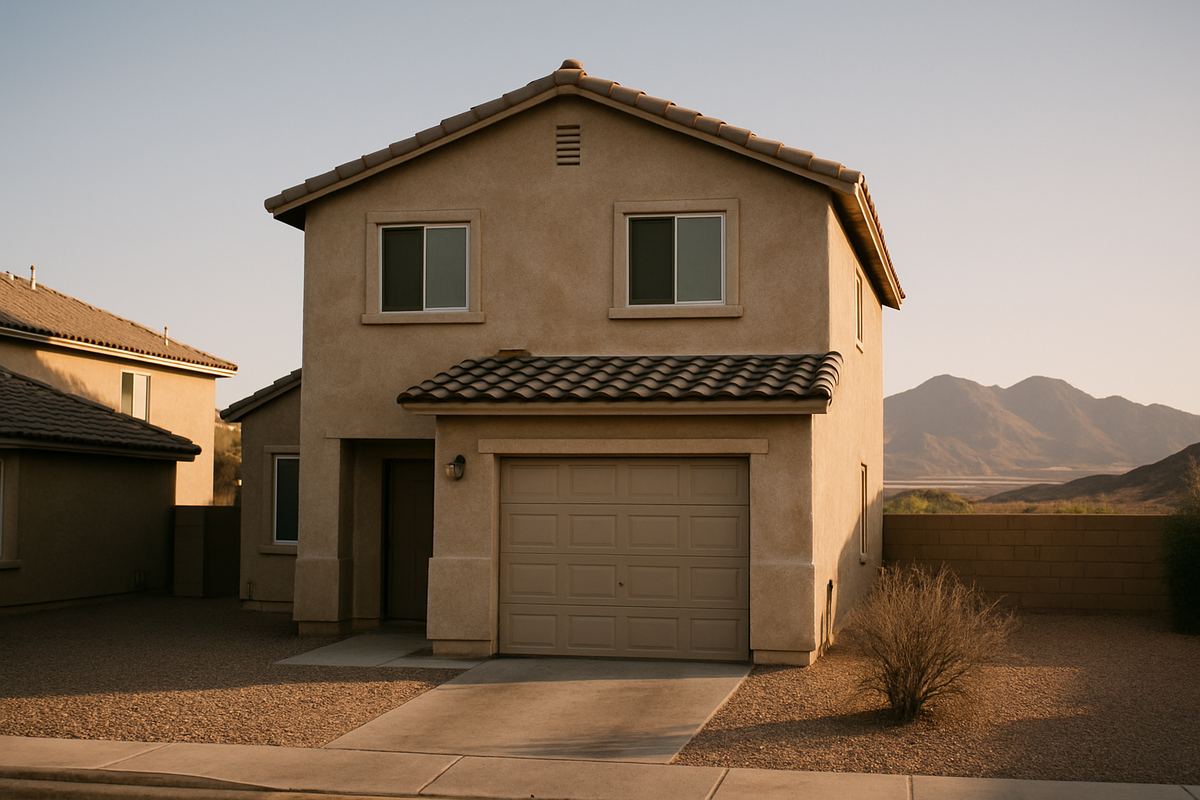 Henderson stucco two-story with faded paint and a tired rock front yard
