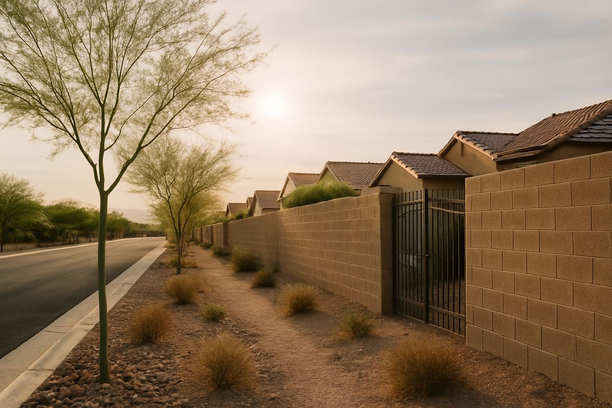 Block wall and gate at the edge of a Henderson HOA community