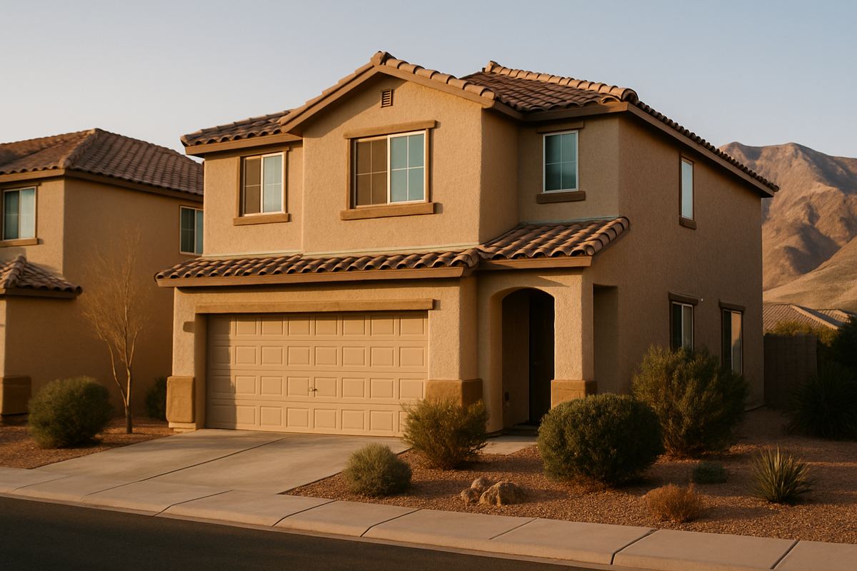 Stucco two-story house with tile roof and desert yard in Henderson, Nevada