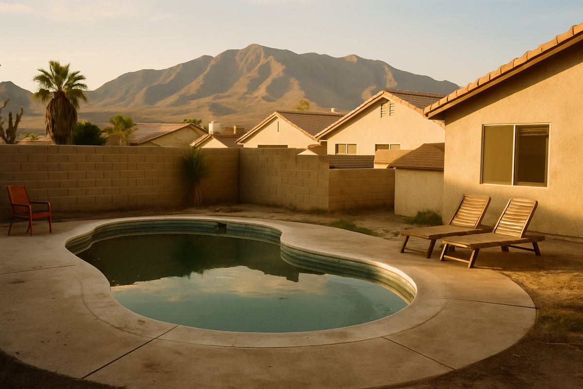Backyard pool and block wall behind a Henderson home with mountains beyond