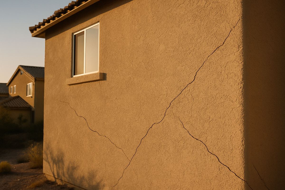 Hairline stucco cracks below a window on a Henderson home