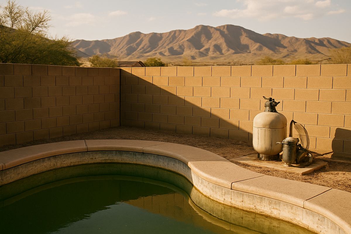 Neglected backyard pool and aging pool equipment in Henderson