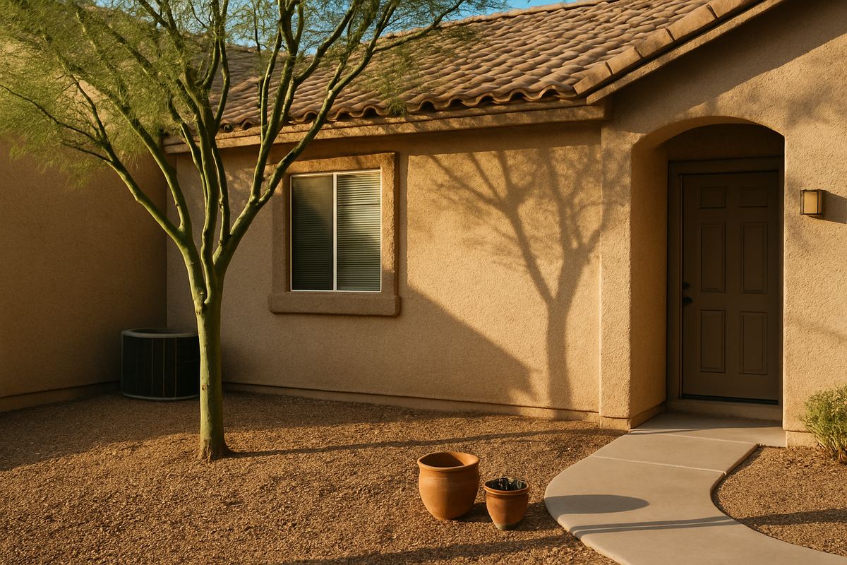 Front of a stucco home in Henderson, Nevada ready for a walk-through