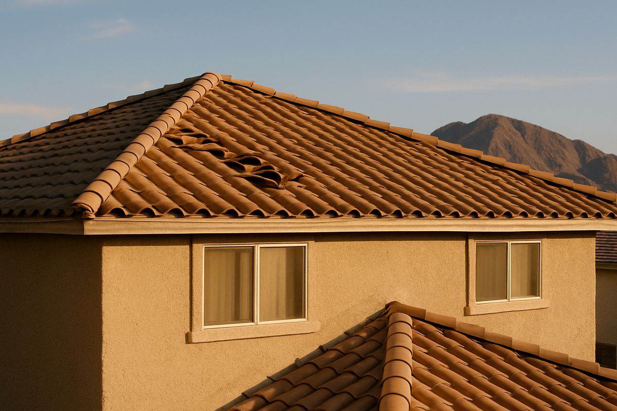 Aging concrete tile roof on a Henderson house with mountains in the distance