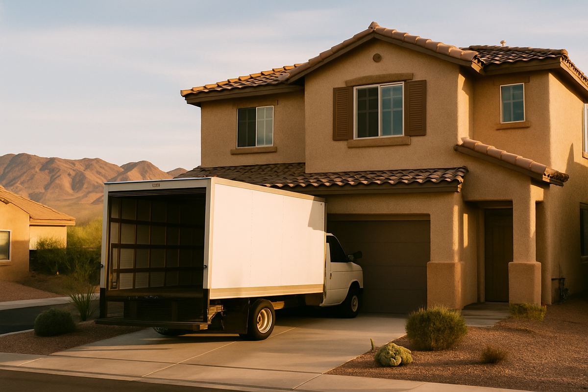 Moving truck in the driveway of a Henderson two-story home